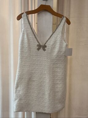 Dessy Collection White Mini Dress with Crystal Bow Trim